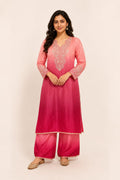 Elegant Peach & Magenta Ombre Pink design with intricate embroidery and matching palazzo pants.