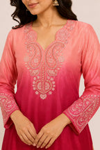Elegant Peach & Magenta Ombre Pink design with intricate embroidery and matching palazzo pants.