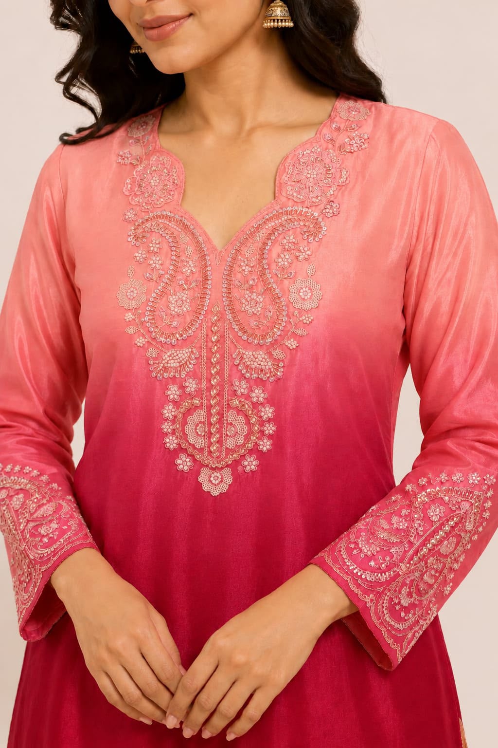 Elegant Peach & Magenta Ombre Pink design with intricate embroidery and matching palazzo pants.