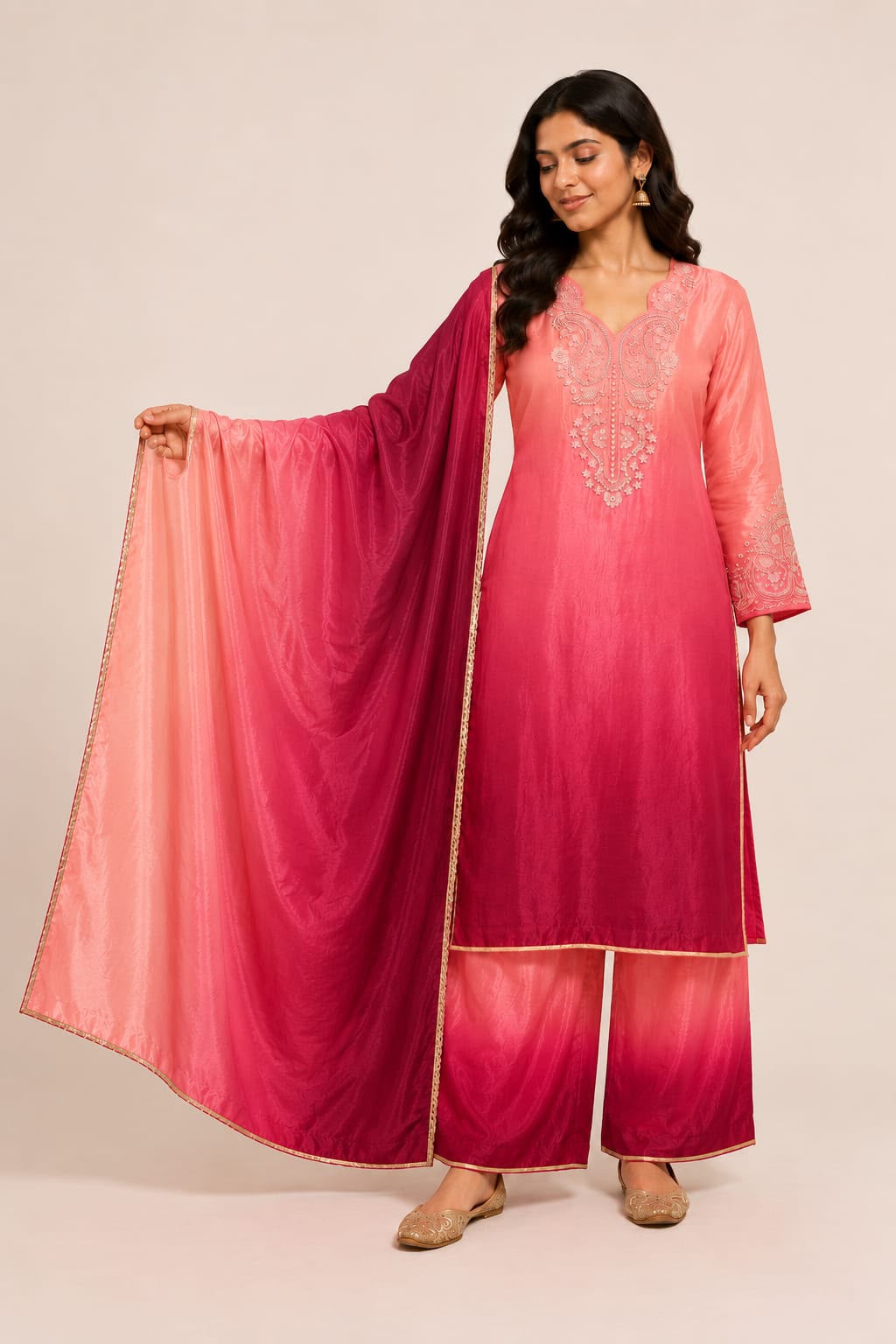 Elegant Peach & Magenta Ombre Pink design with intricate embroidery and matching palazzo pants.