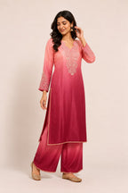 Elegant Peach & Magenta Ombre Pink design with intricate embroidery and matching palazzo pants.