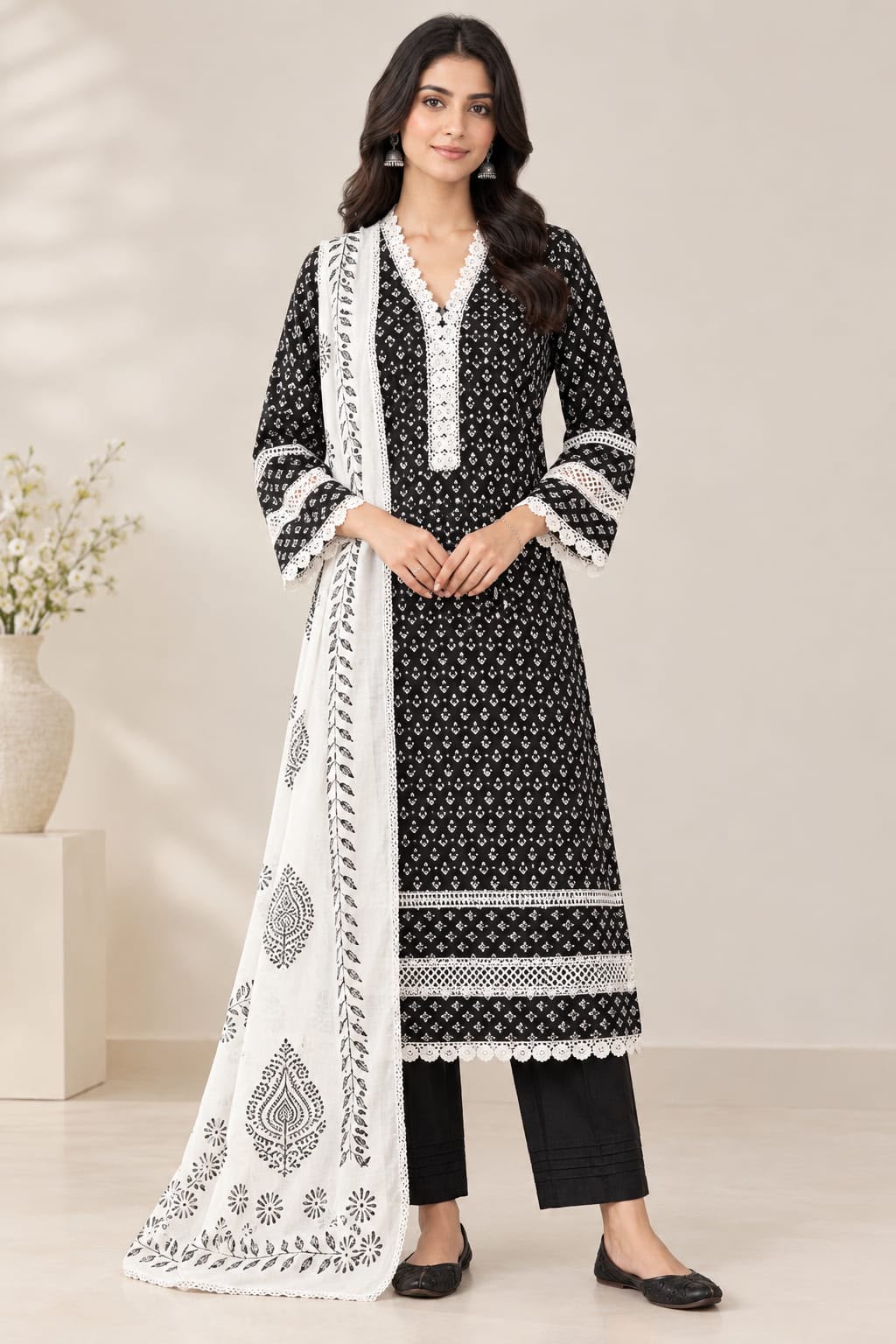 Women's Black Printed Kurta Pant Set with White Printed Dupatta – 3 Piece Ethnic Wear