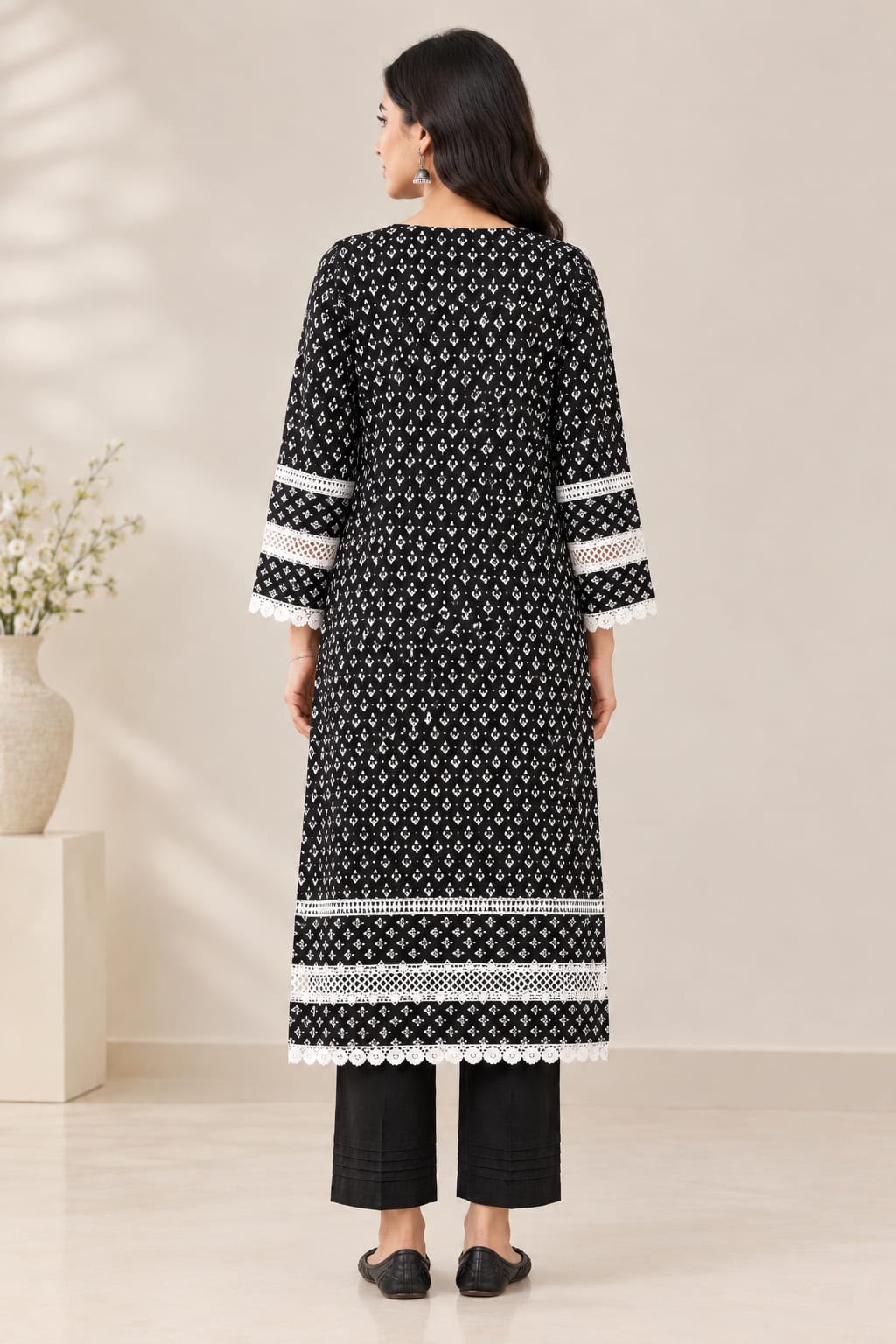Women's Black Printed Kurta Pant Set with White Printed Dupatta – 3 Piece Ethnic Wear