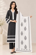 Women's Black Printed Kurta Pant Set with White Printed Dupatta – 3 Piece Ethnic Wear