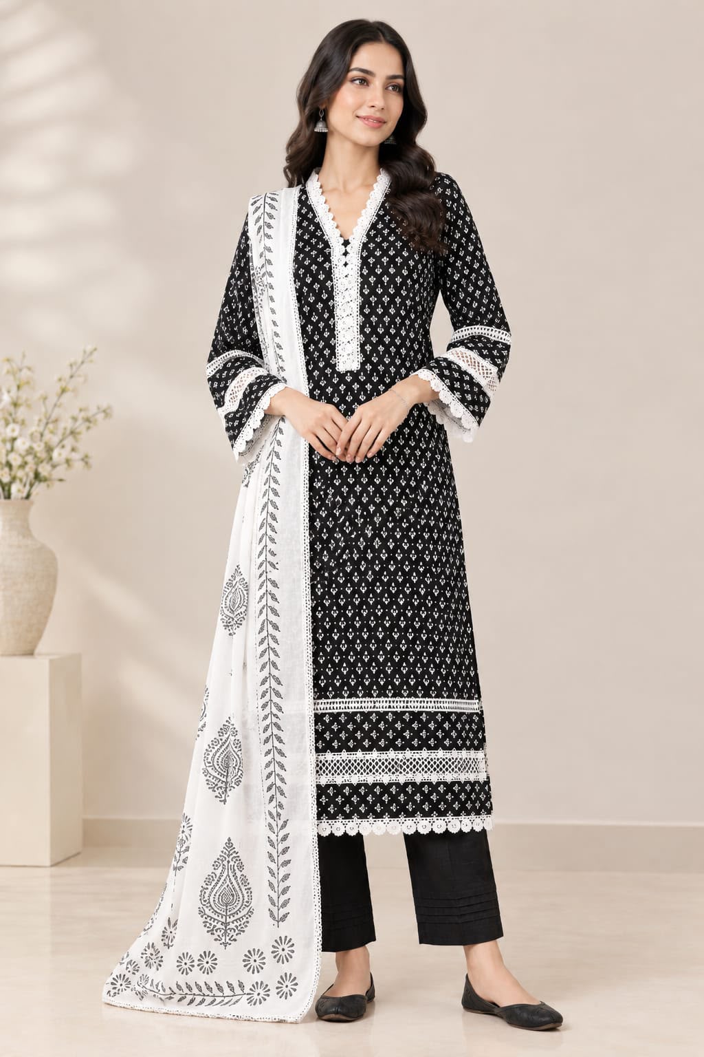 Women's Black Printed Kurta Pant Set with White Printed Dupatta – 3 Piece Ethnic Wear