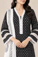 Women's Black Printed Kurta Pant Set with White Printed Dupatta – 3 Piece Ethnic Wear
