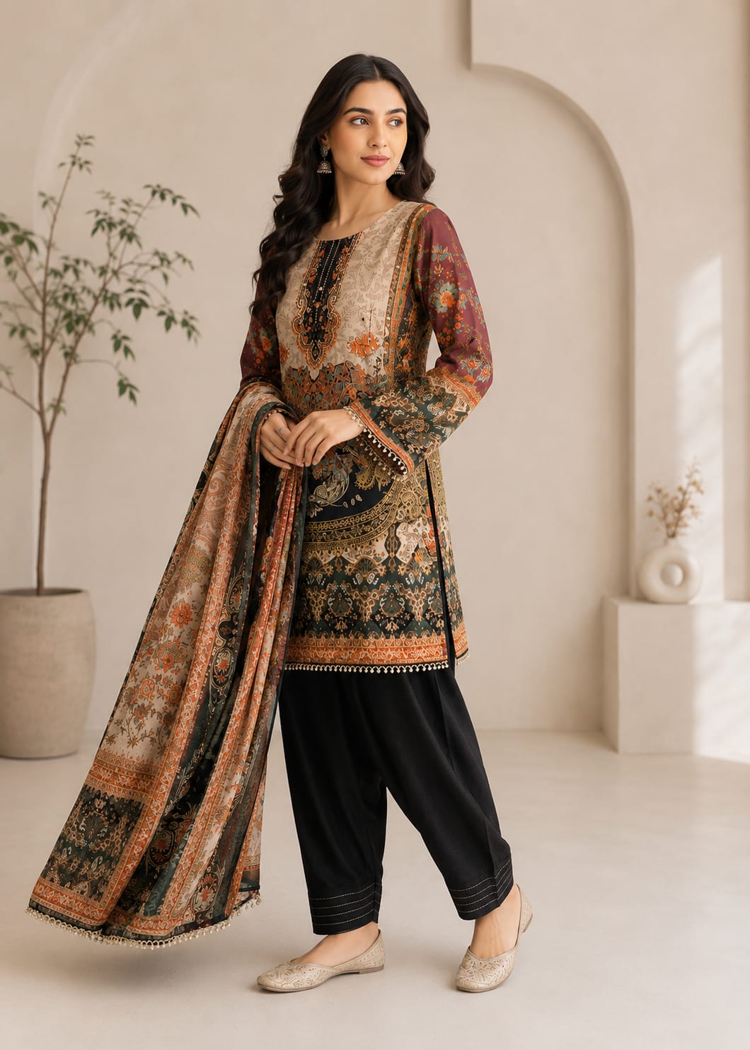 Elegant Printed Crepe  Farsi Suit Set