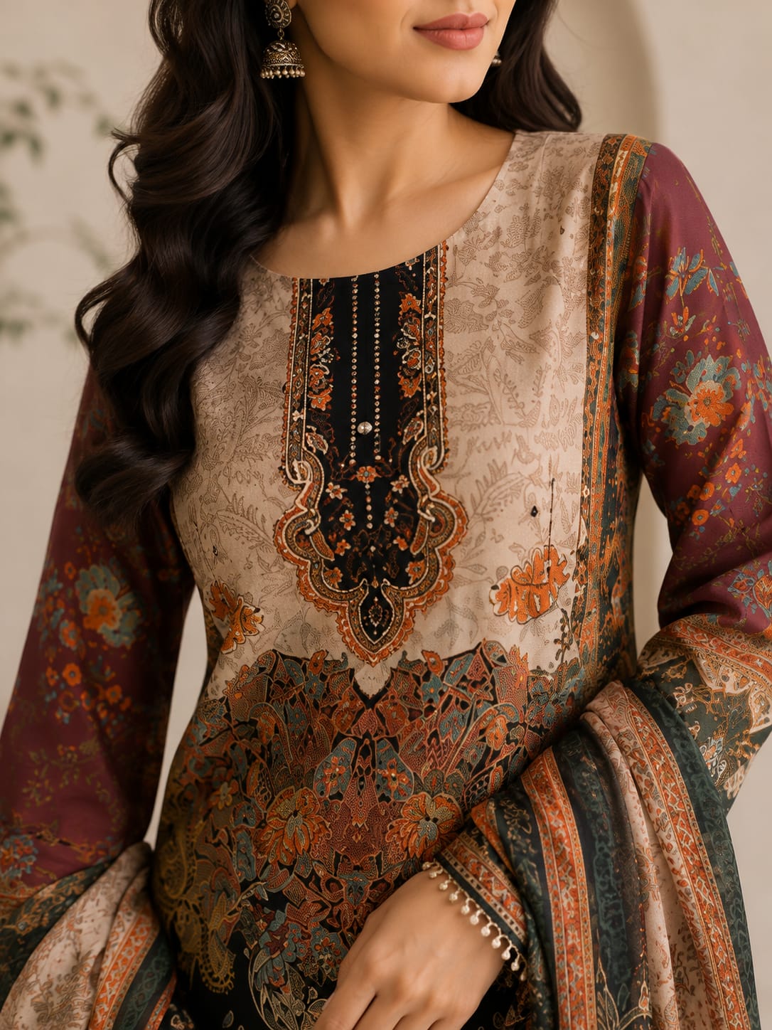 Elegant Printed Crepe  Farsi Suit Set