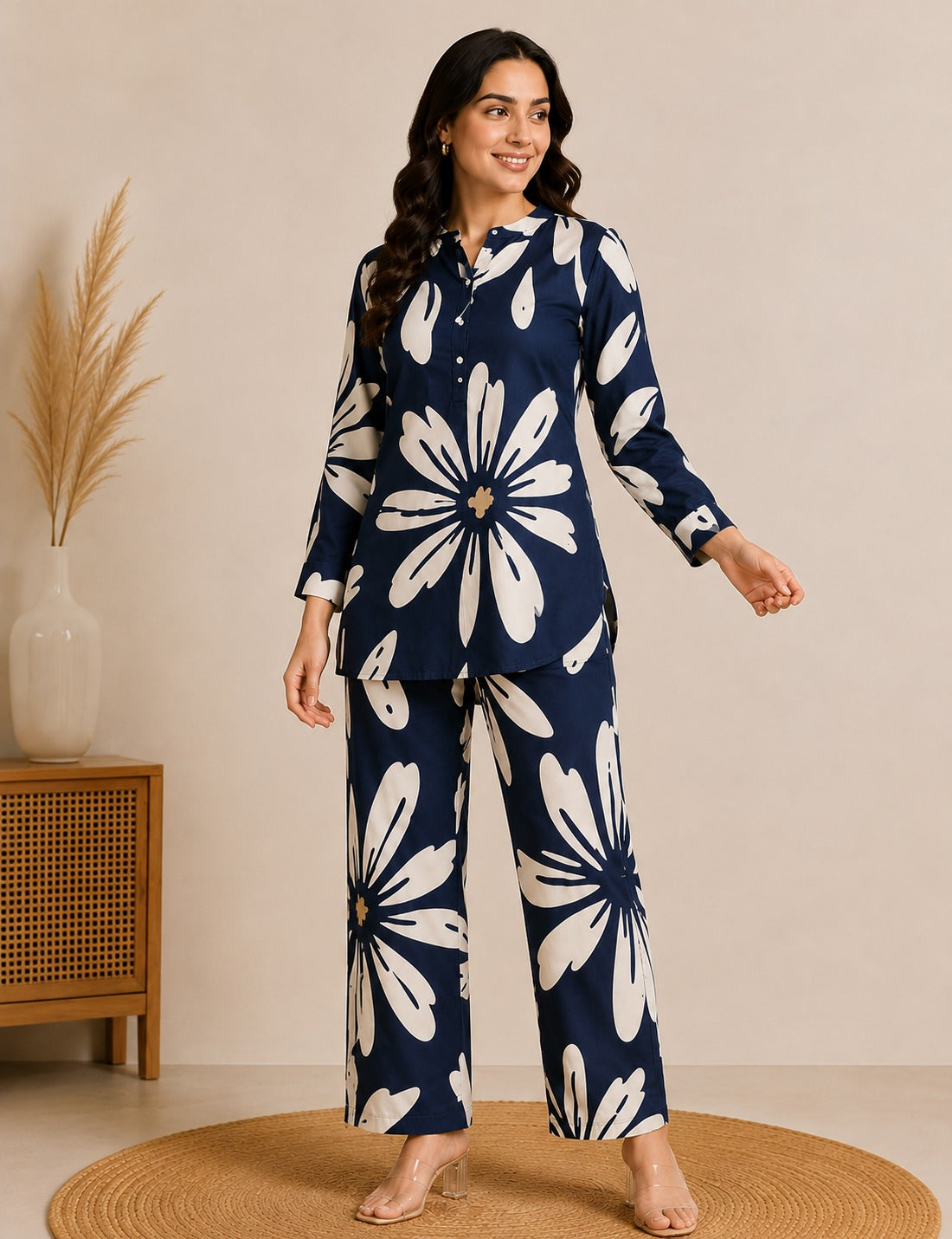 Women Navy Blue & Off-White Floral Printed Co-ord Set