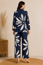 Women Navy Blue & Off-White Floral Printed Co-ord Set