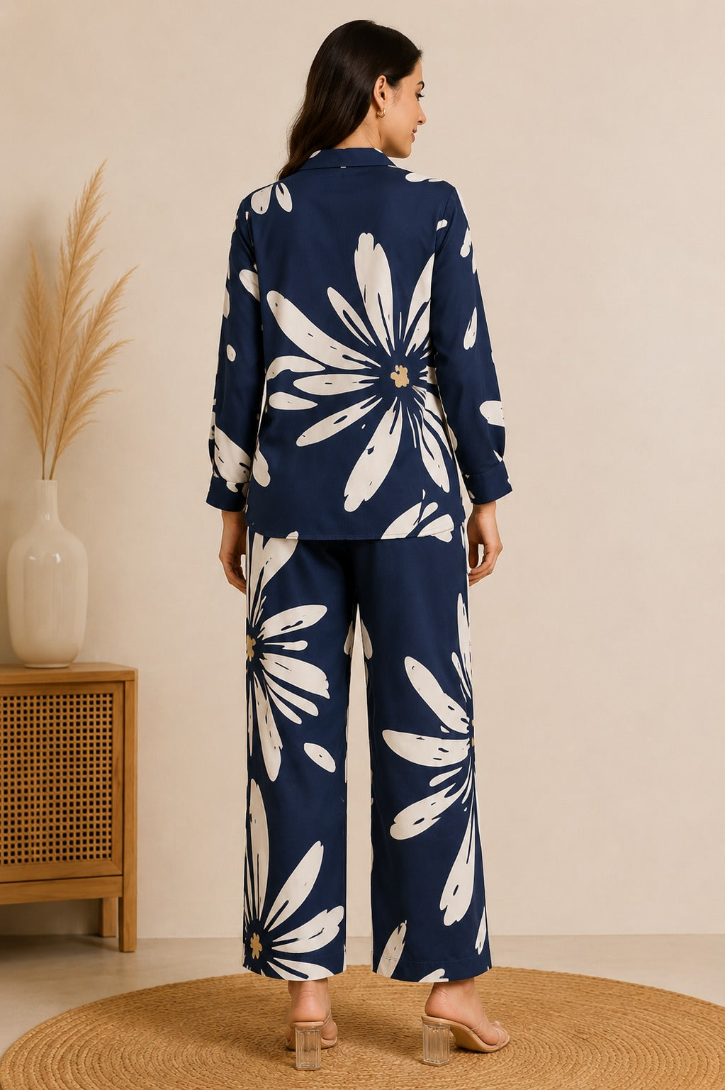 Women Navy Blue & Off-White Floral Printed Co-ord Set