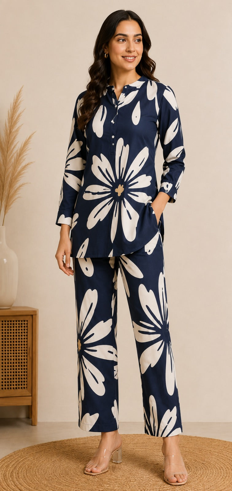 Women Navy Blue & Off-White Floral Printed Co-ord Set