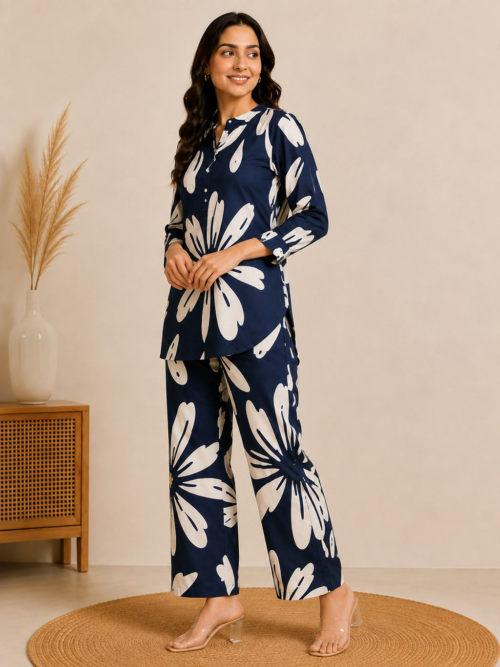 Women Navy Blue & Off-White Floral Printed Co-ord Set