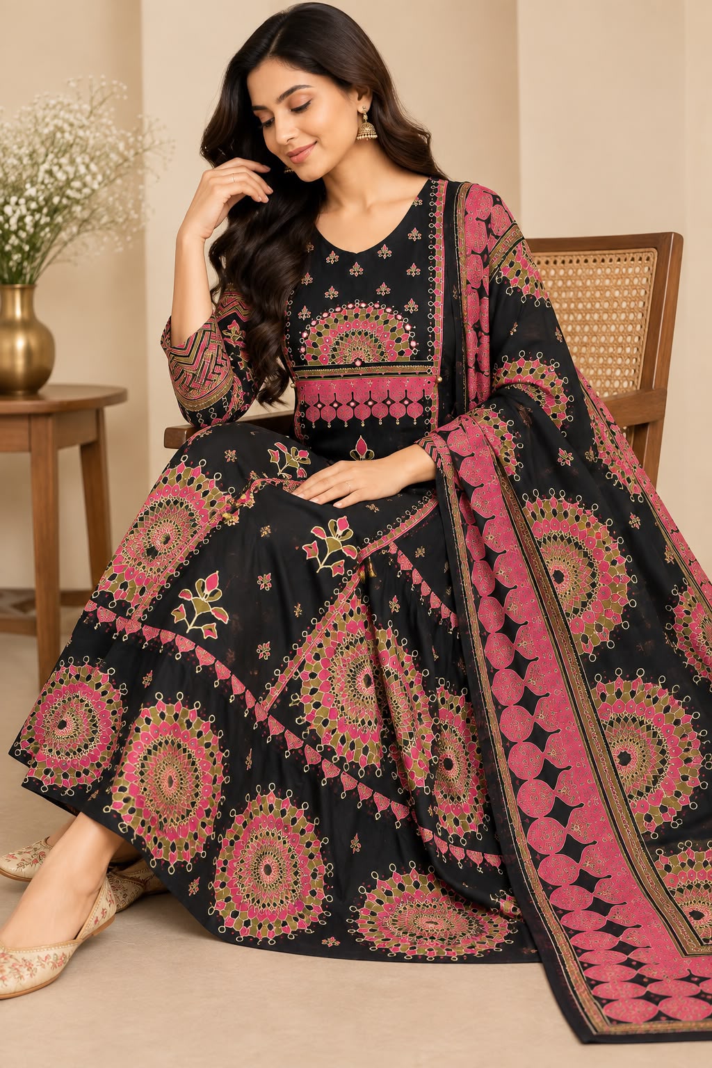 Black Printed Anarkali Suit Set