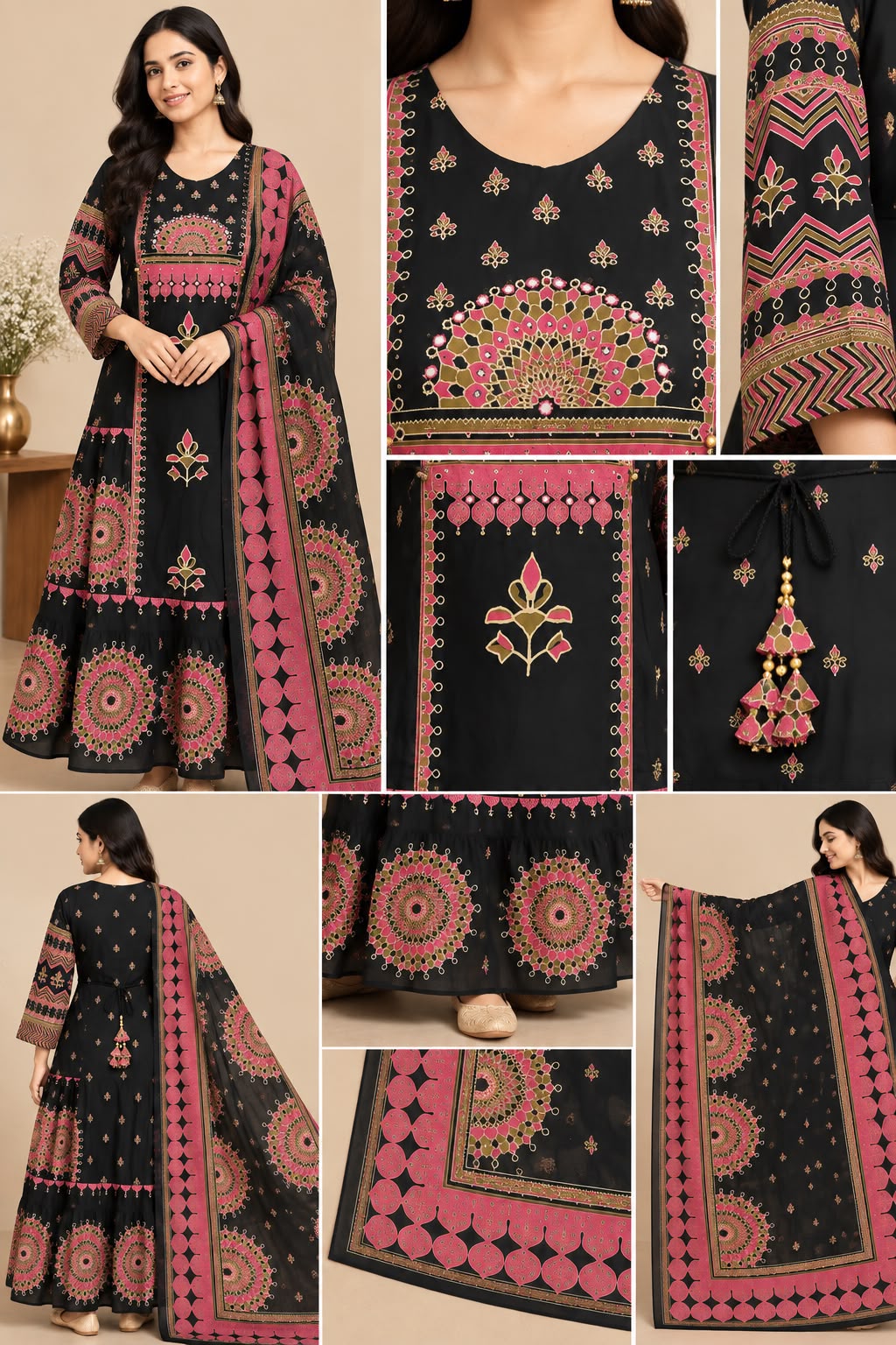Black Printed Anarkali Suit Set