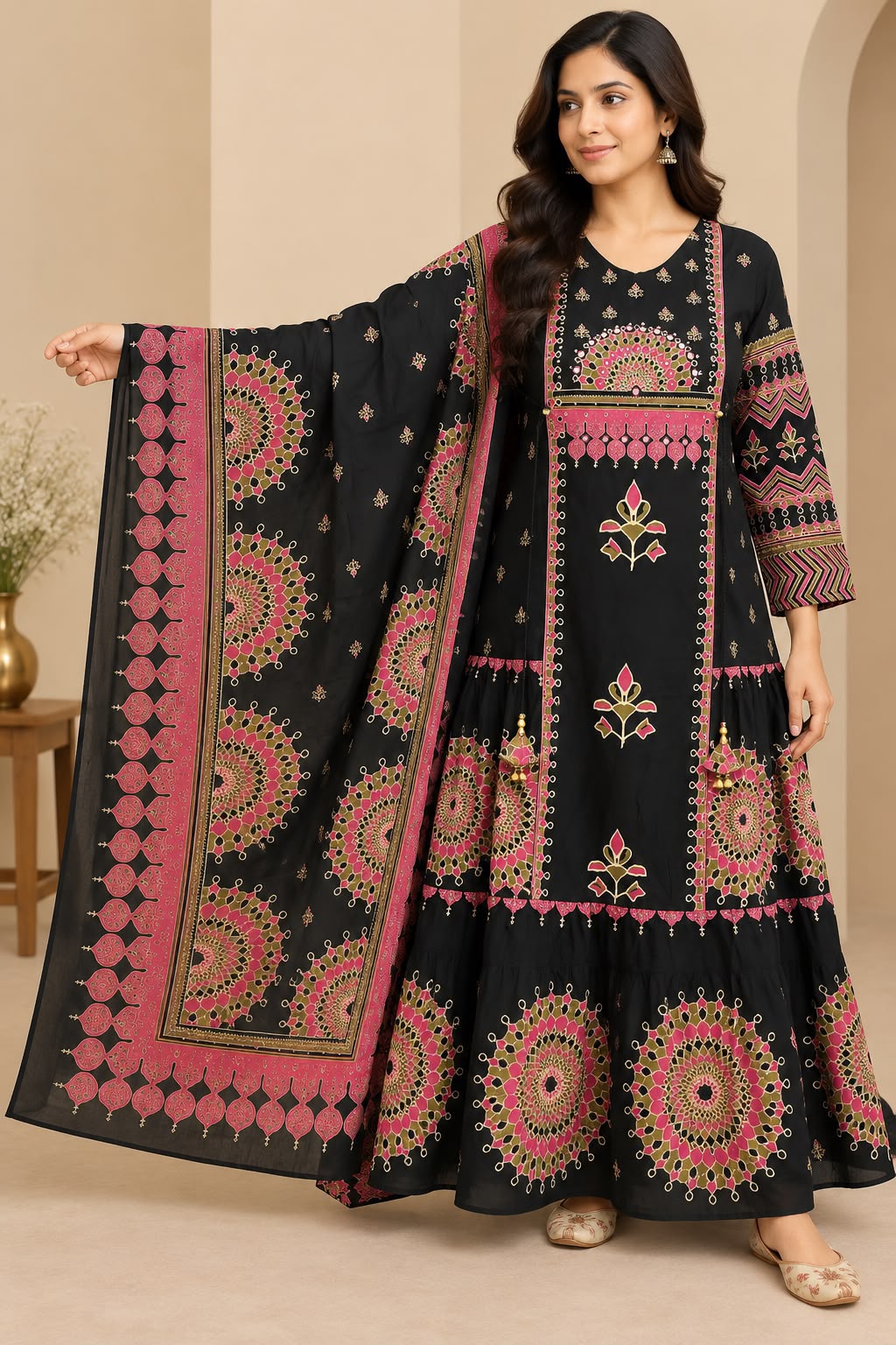 Black Printed Anarkali Suit Set