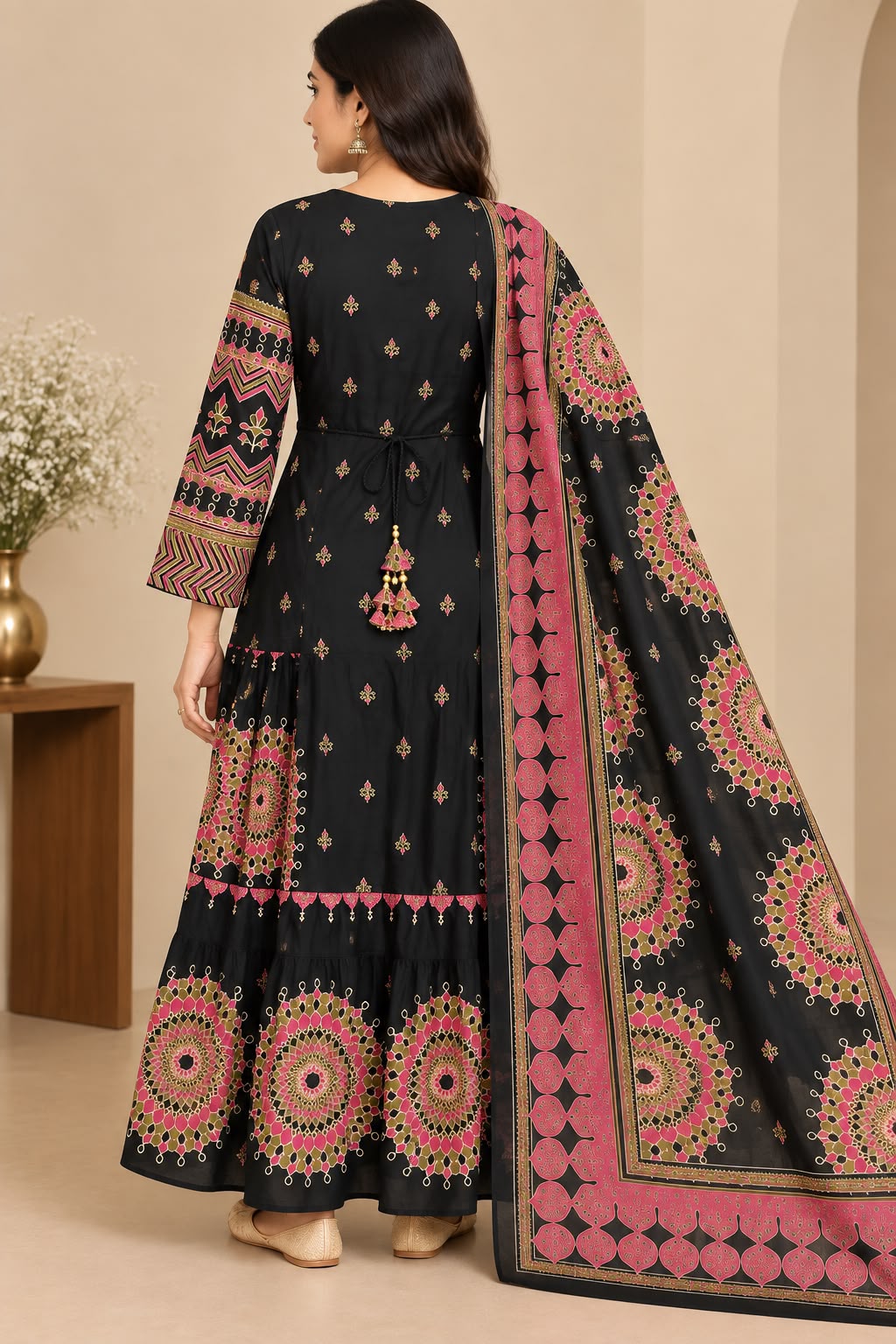 Black Printed Anarkali Suit Set