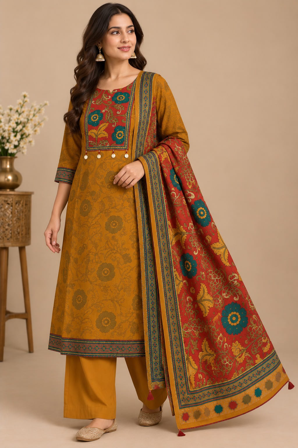 Mustard Printed Straight Suit Set