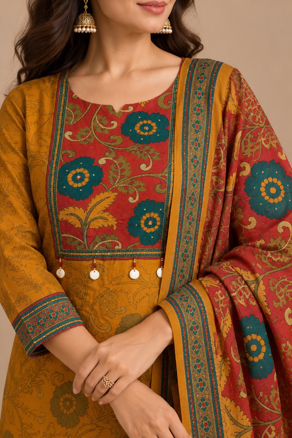 Mustard Printed Straight Suit Set