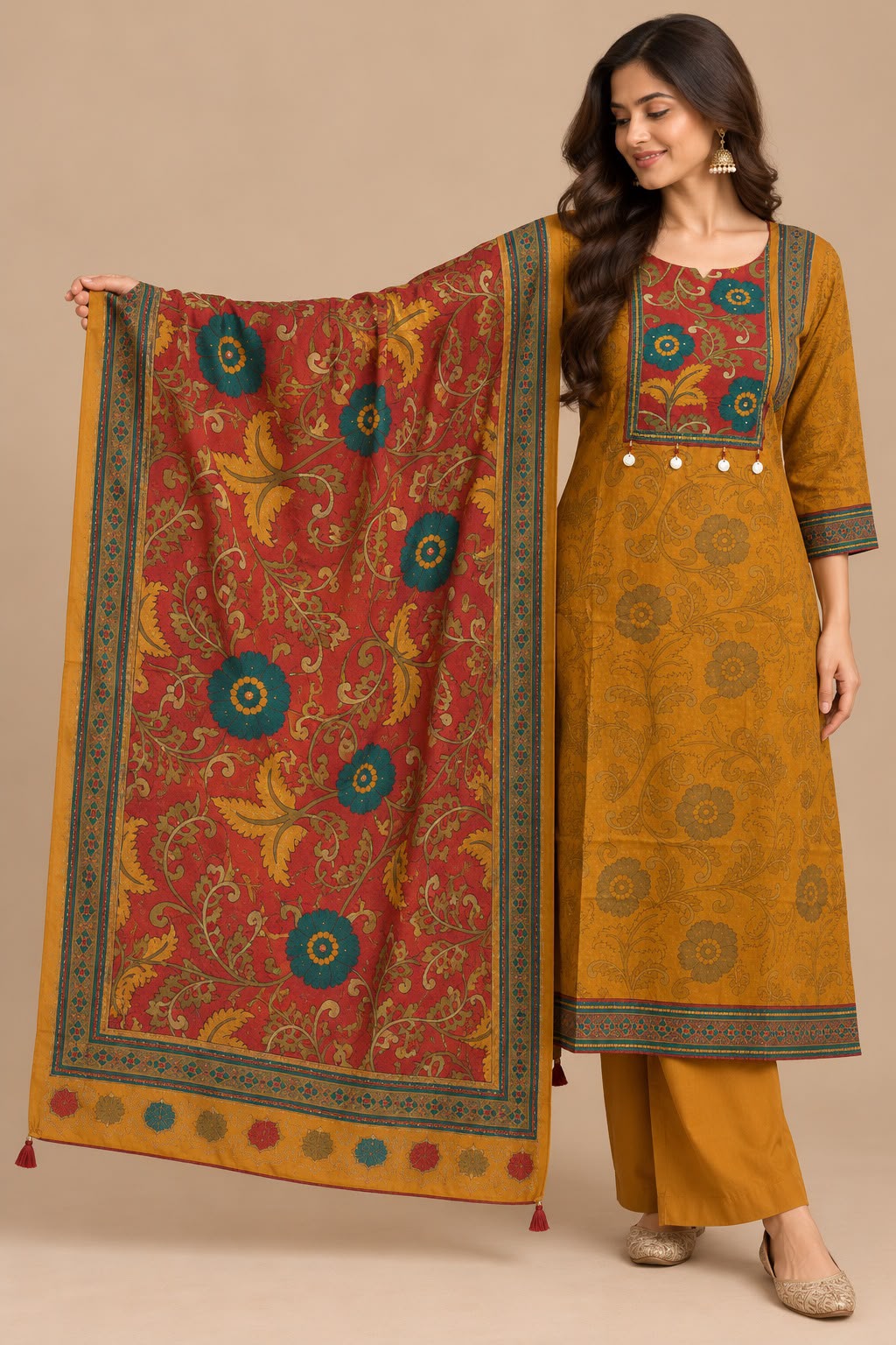 Mustard Printed Straight Suit Set