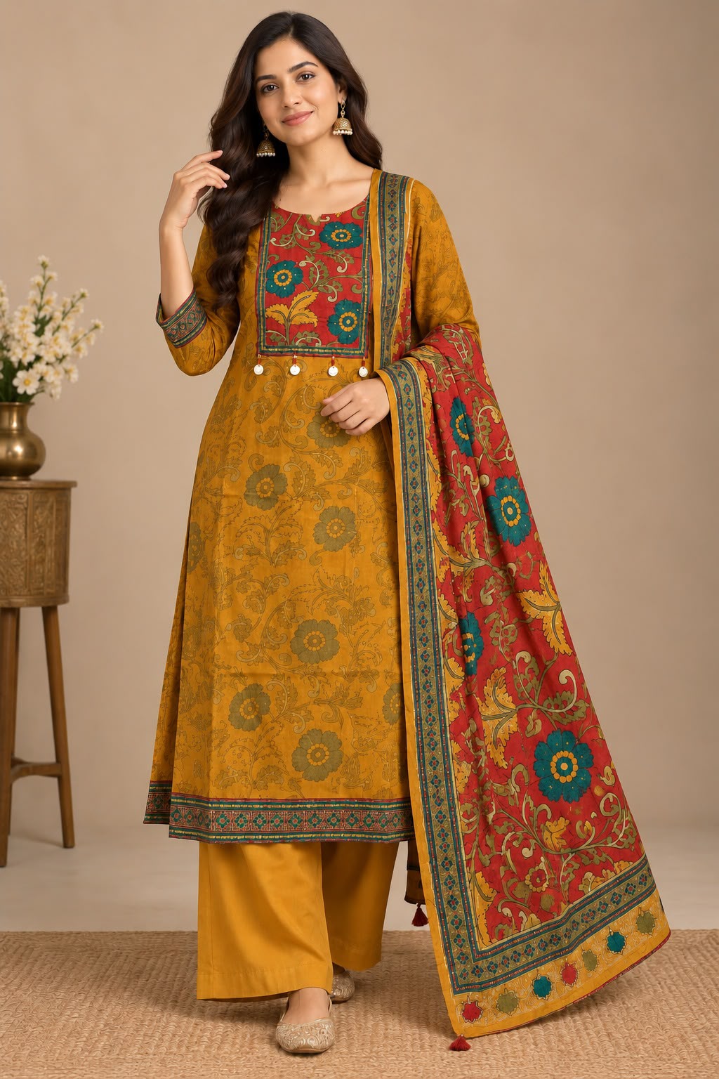 Mustard Printed Straight Suit Set