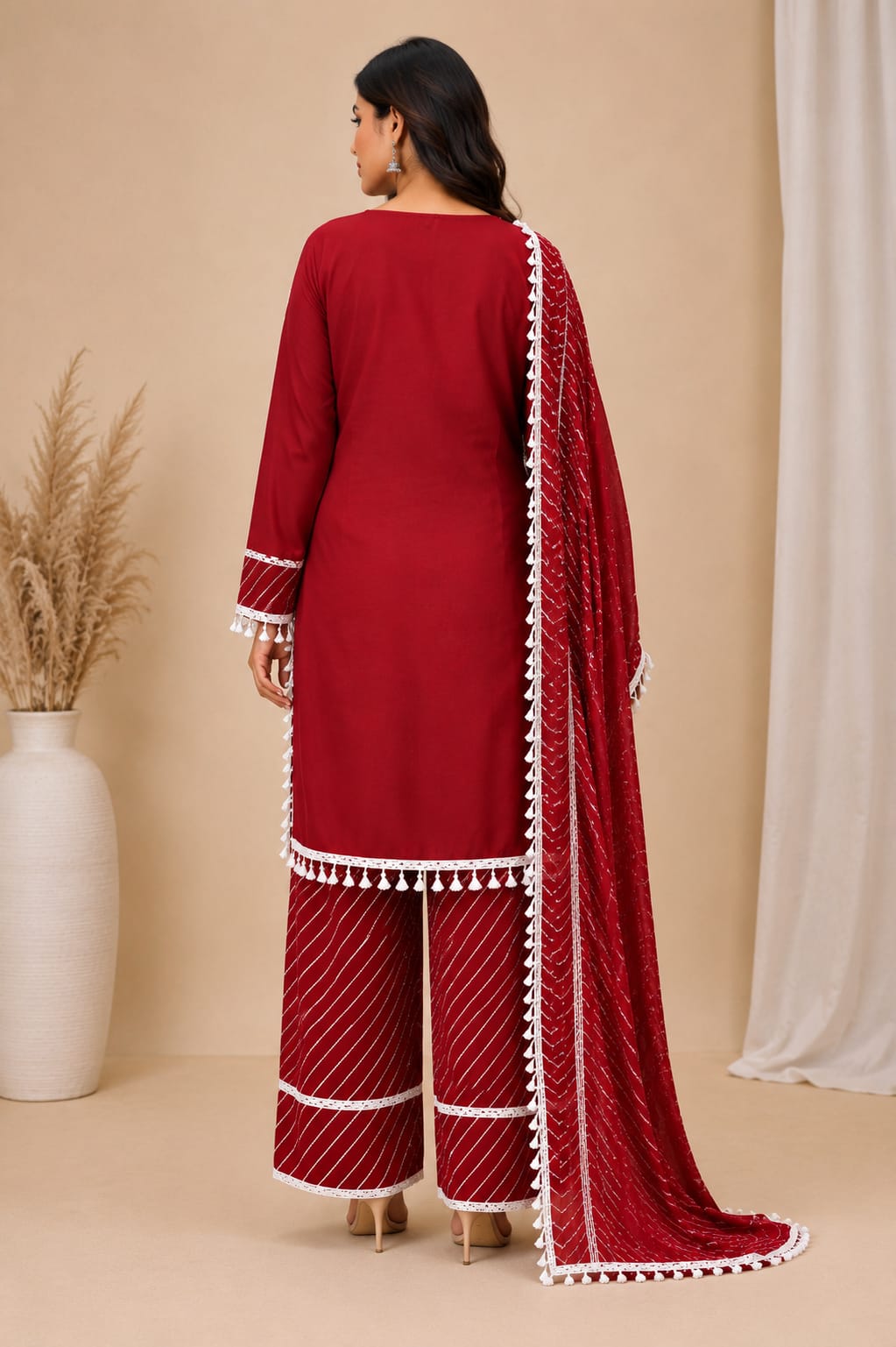 Women Maroon Embroidered Straight Kurta with Leheriya Pants & Bandhani Print Dupatta Set (3-Piece Set)