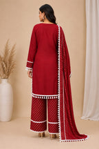 Women Maroon Embroidered Straight Kurta with Leheriya Pants & Bandhani Print Dupatta Set (3-Piece Set)