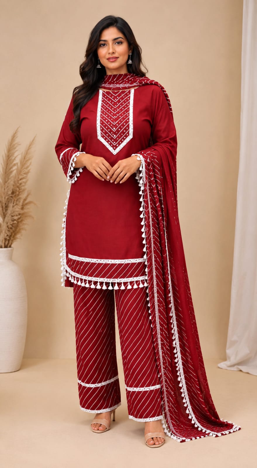 Women Maroon Embroidered Straight Kurta with Leheriya Pants & Bandhani Print Dupatta Set (3-Piece Set)