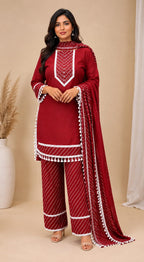 Women Maroon Embroidered Straight Kurta with Leheriya Pants & Bandhani Print Dupatta Set (3-Piece Set)