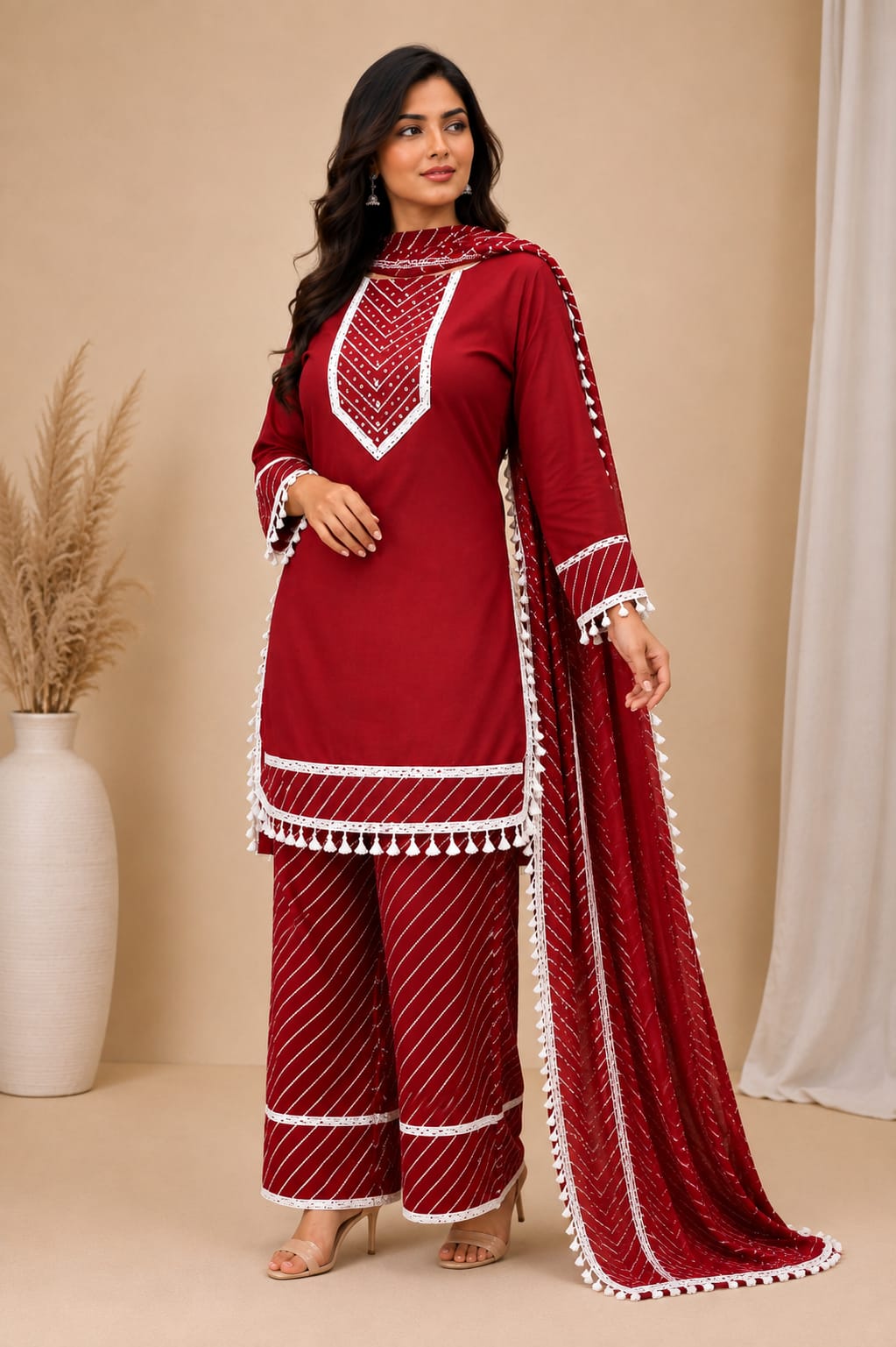 Women Maroon Embroidered Straight Kurta with Leheriya Pants & Bandhani Print Dupatta Set (3-Piece Set)