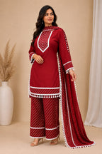 Women Maroon Embroidered Straight Kurta with Leheriya Pants & Bandhani Print Dupatta Set (3-Piece Set)