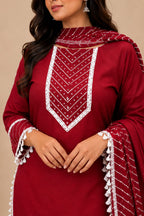 Women Maroon Embroidered Straight Kurta with Leheriya Pants & Bandhani Print Dupatta Set (3-Piece Set)