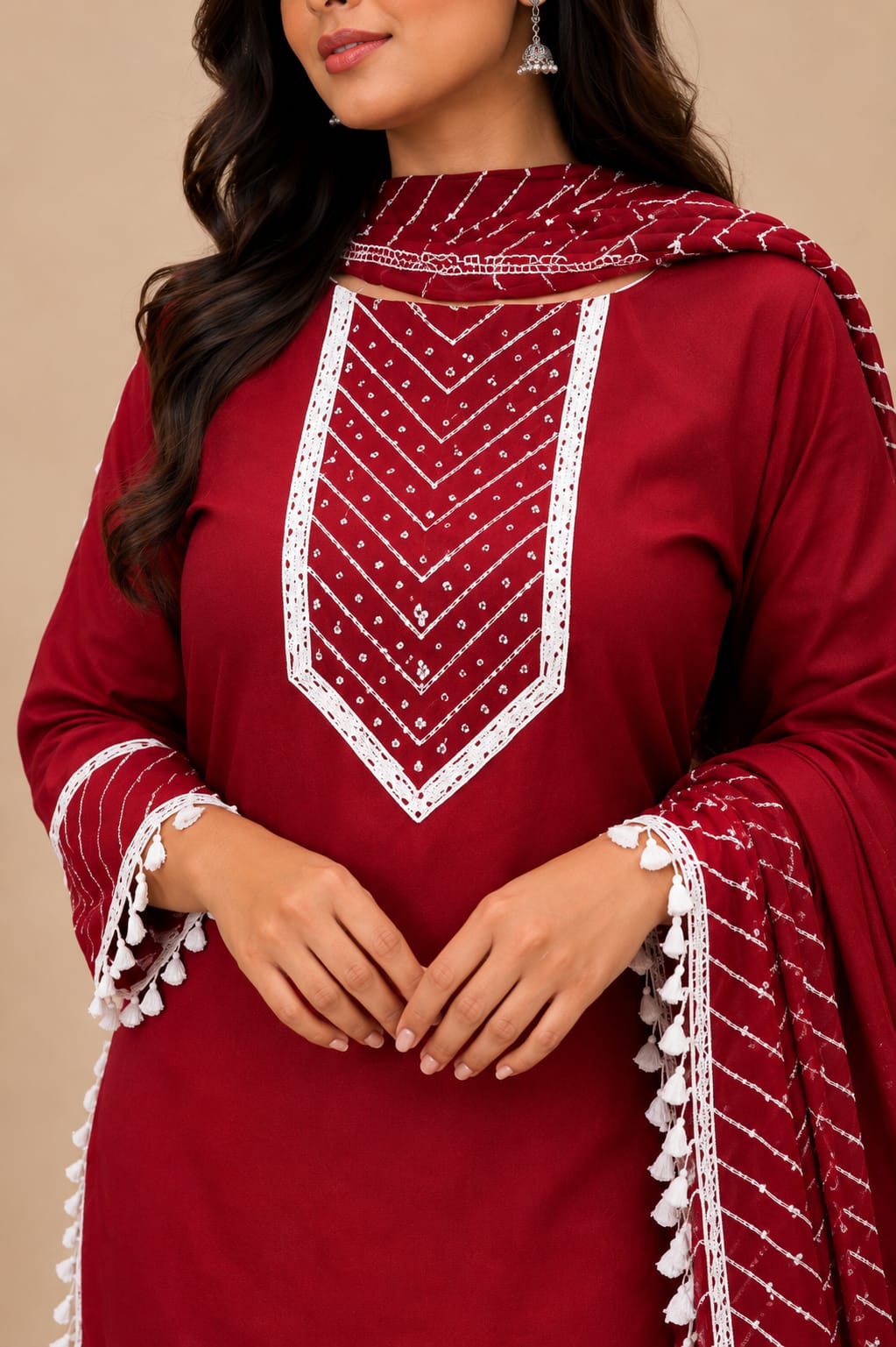 Women Maroon Embroidered Straight Kurta with Leheriya Pants & Bandhani Print Dupatta Set (3-Piece Set)
