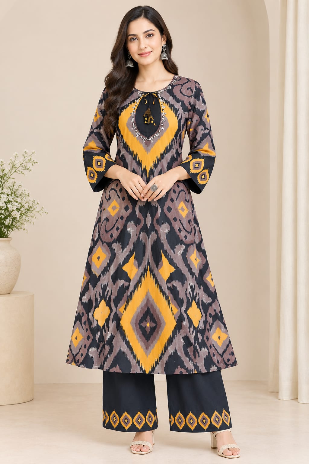 Women Printed Rayon A-Line Kurta with Palazzo Set