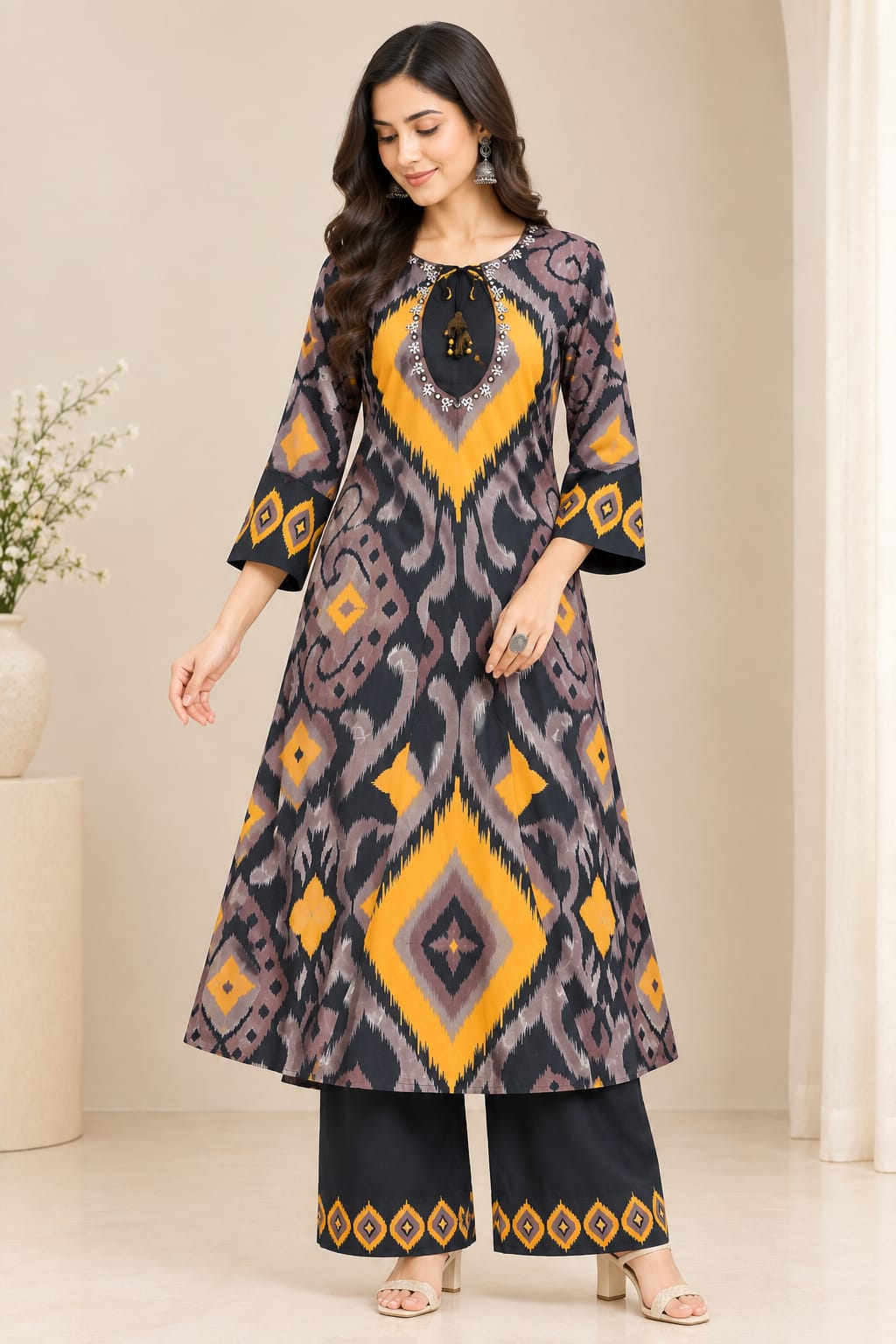 Women Printed Rayon A-Line Kurta with Palazzo Set