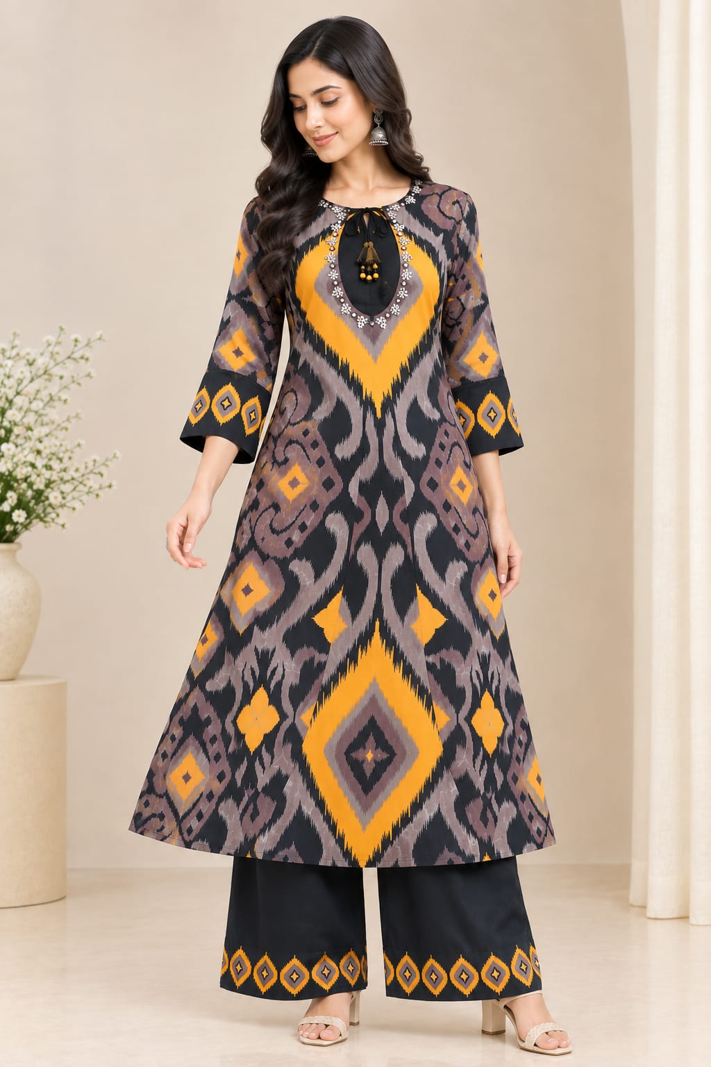 Women Printed Rayon A-Line Kurta with Palazzo Set