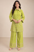 Lime green kurta with collared neckline