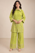 Lime green kurta with collared neckline