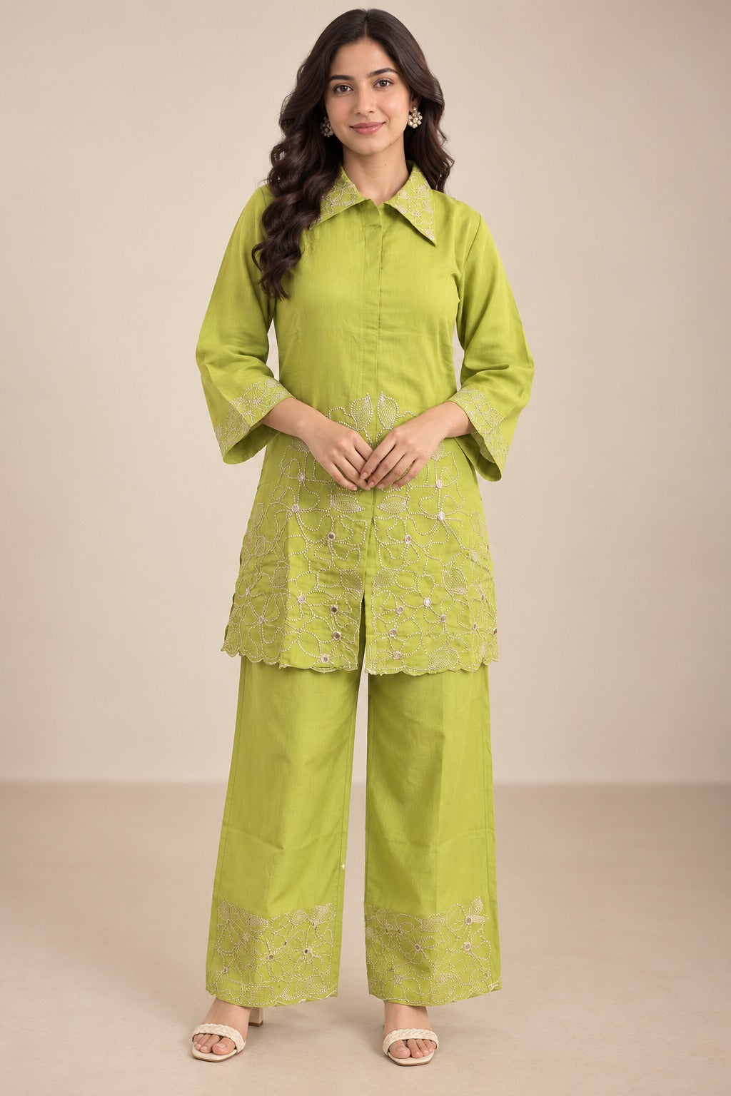 Lime green kurta with collared neckline
