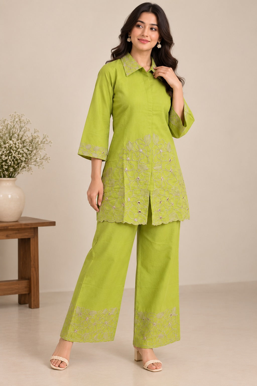 Lime green kurta with collared neckline