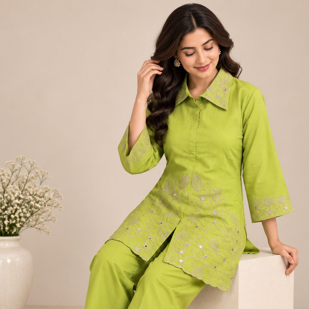 Lime green kurta with collared neckline