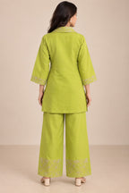 Lime green kurta with collared neckline