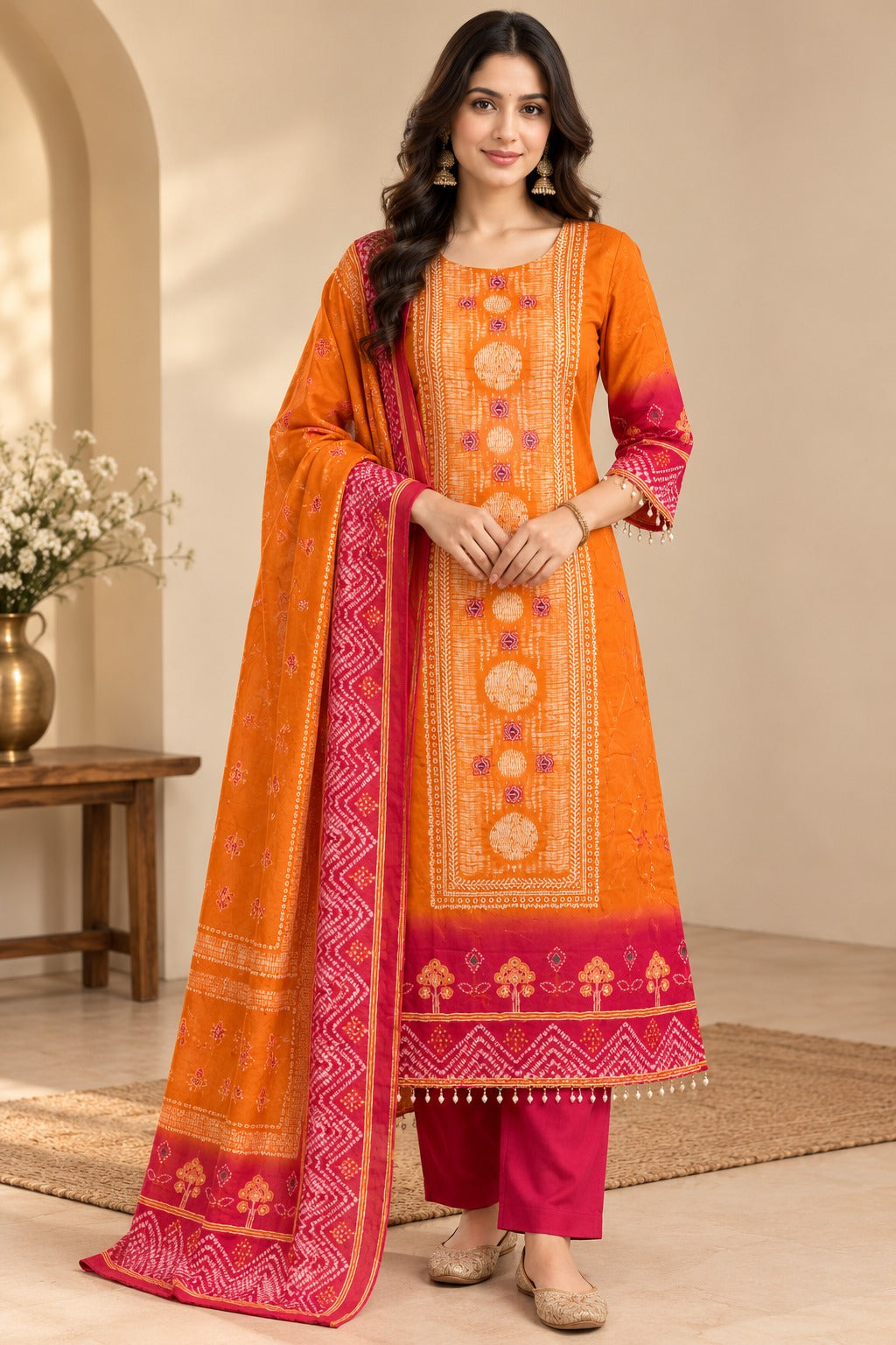 Women Mustard Yellow & Pink Printed Kurta with Trousers & Bandhani Dupatta Set (3-Piece Set)