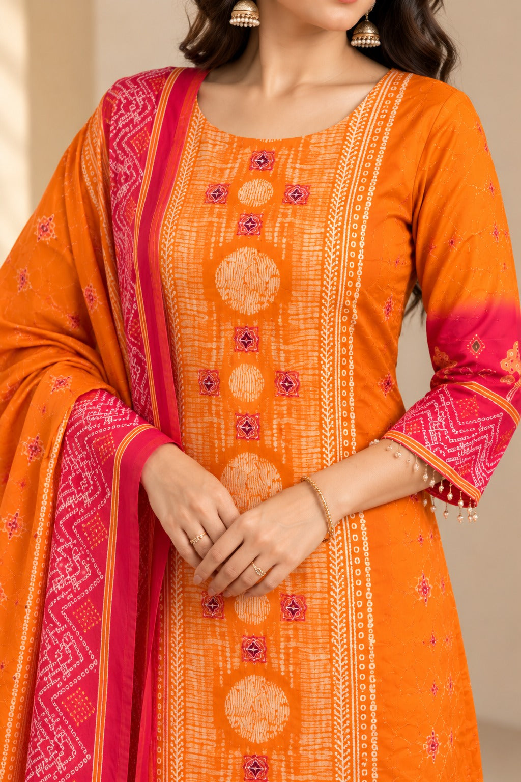 Women Mustard Yellow & Pink Printed Kurta with Trousers & Bandhani Dupatta Set (3-Piece Set)