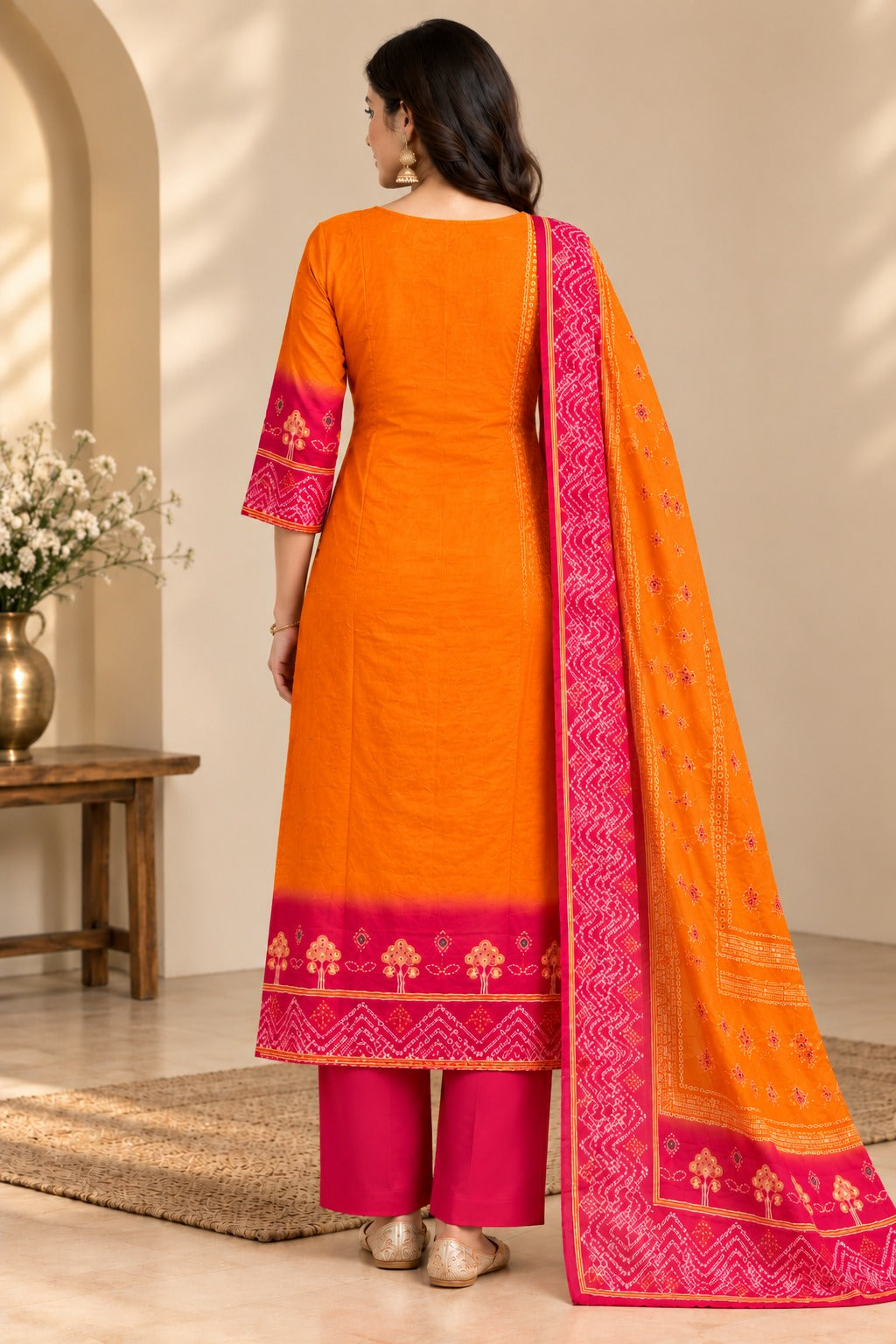 Women Mustard Yellow & Pink Printed Kurta with Trousers & Bandhani Dupatta Set (3-Piece Set)