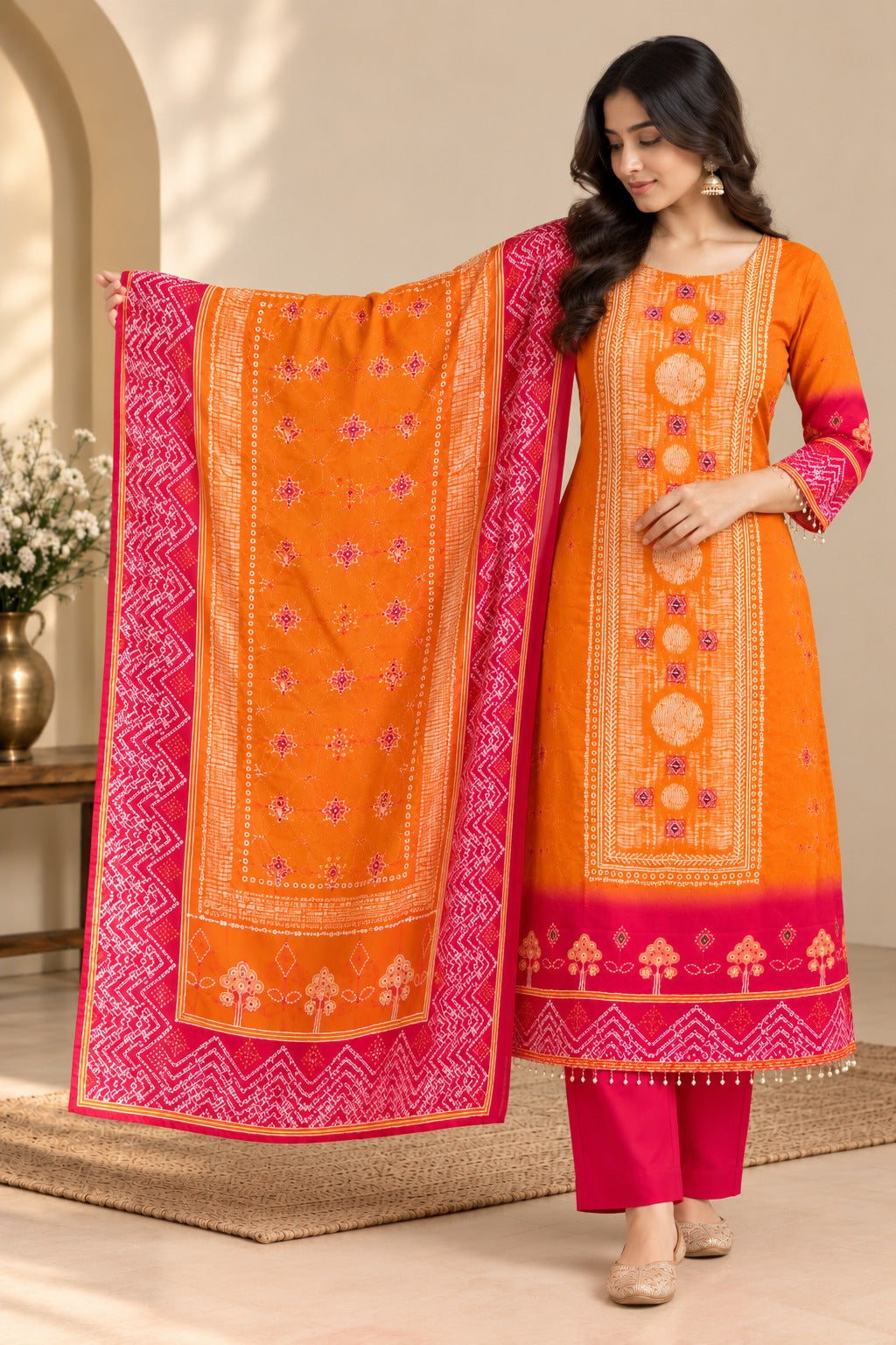 Women Mustard Yellow & Pink Printed Kurta with Trousers & Bandhani Dupatta Set (3-Piece Set)