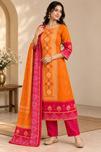 Women Mustard Yellow & Pink Printed Kurta with Trousers & Bandhani Dupatta Set (3-Piece Set)