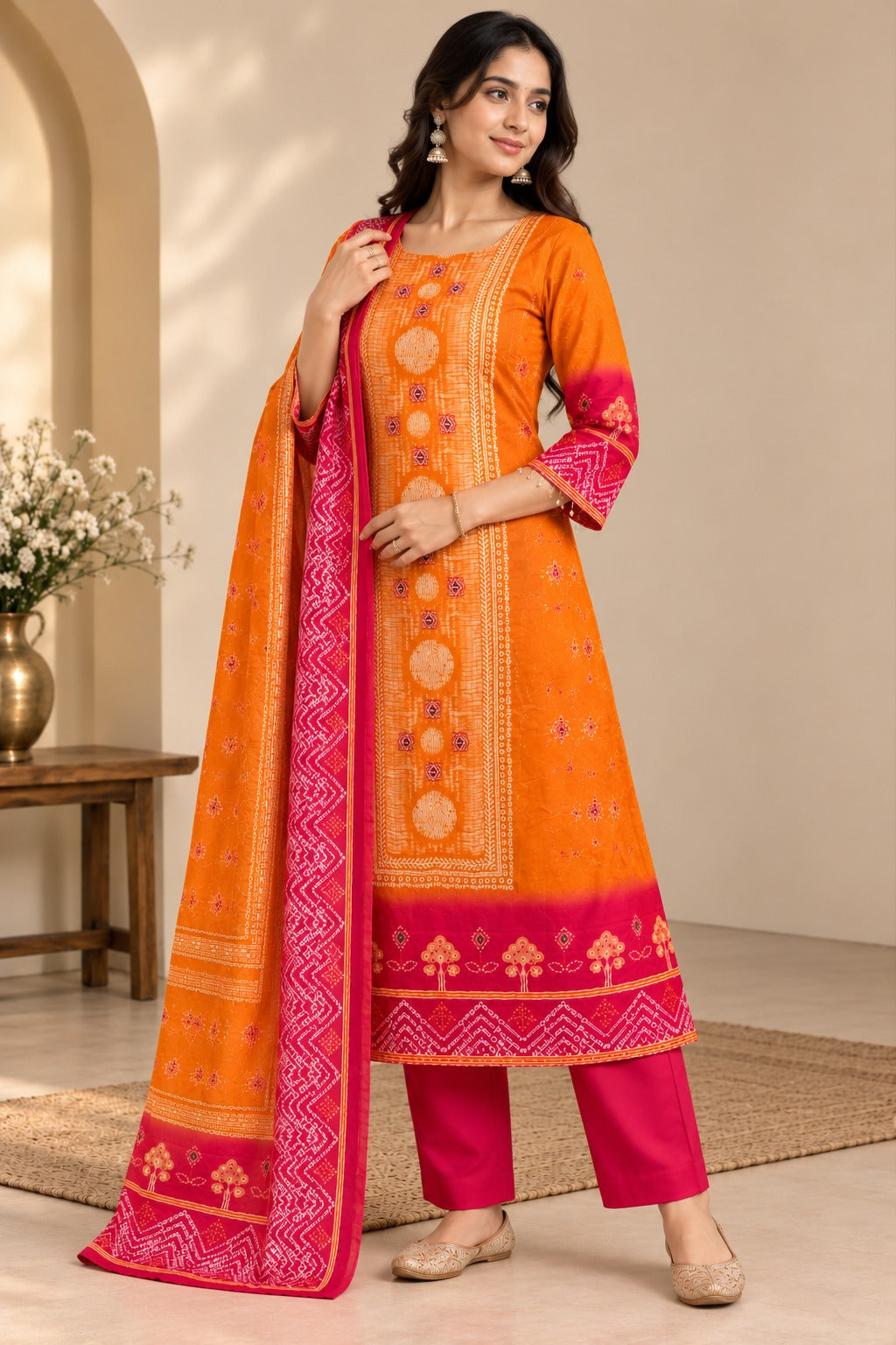 Women Mustard Yellow & Pink Printed Kurta with Trousers & Bandhani Dupatta Set (3-Piece Set)