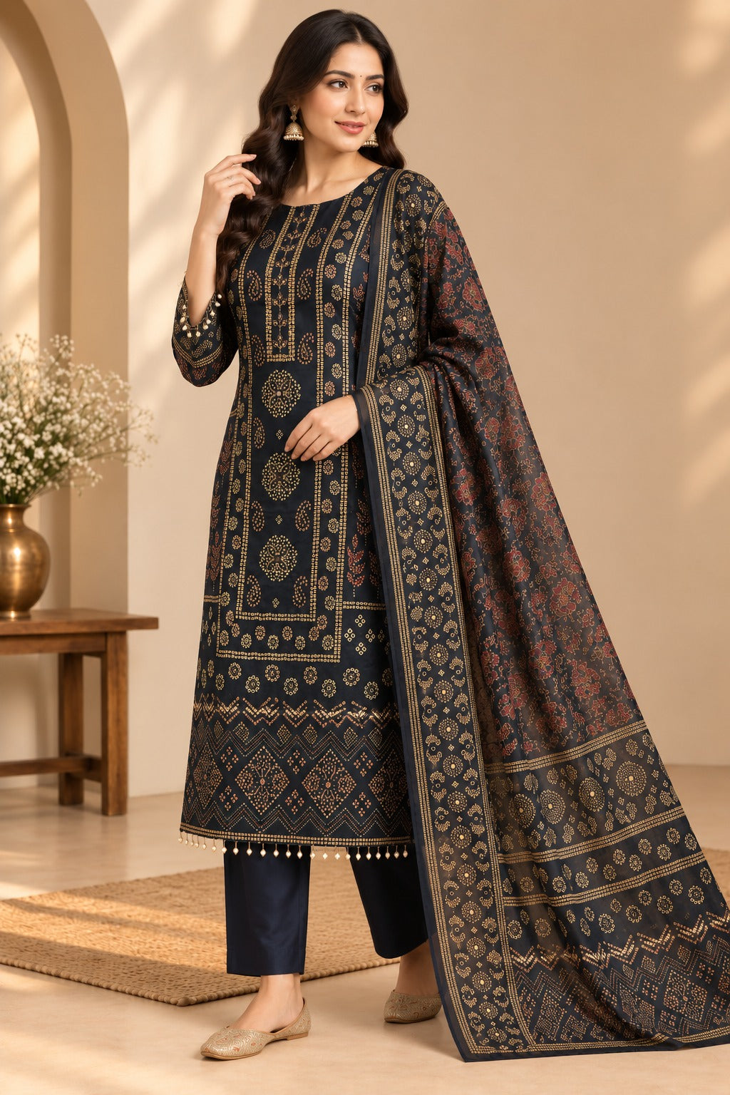 Women Navy Blue & Gold Ethnic Printed Kurta with Trousers & Printed Dupatta Set (3-Piece Set)