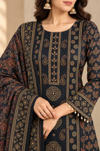 Women Navy Blue & Gold Ethnic Printed Kurta with Trousers & Printed Dupatta Set (3-Piece Set)